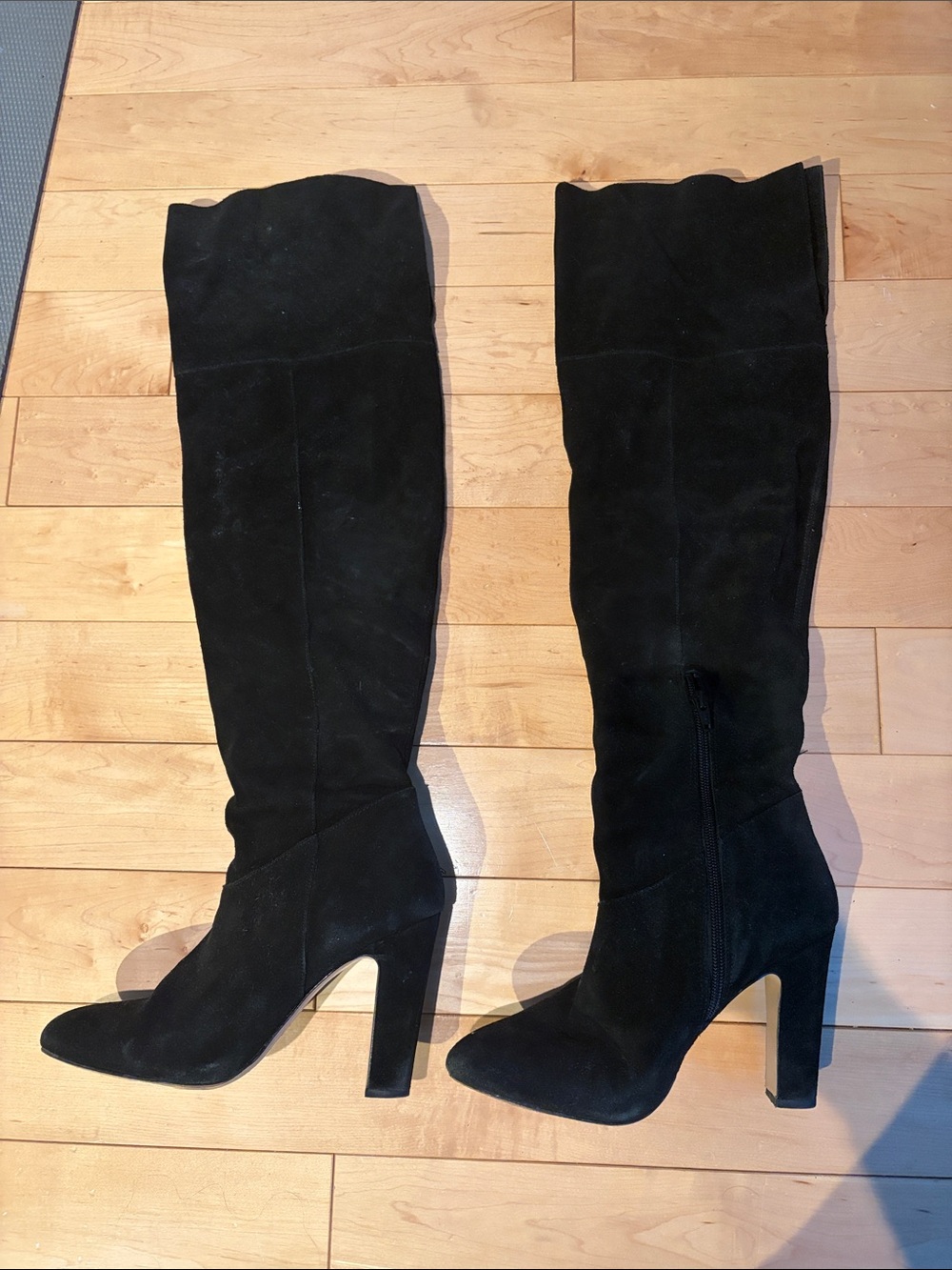 Black Suede Knee-High Heeled Boots - Women's Fashion